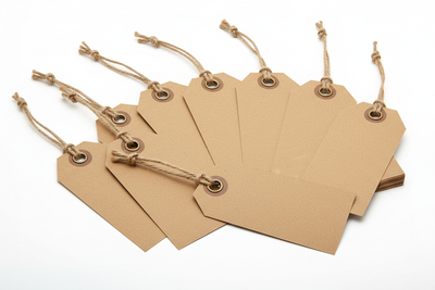 brown, plain strung tags...