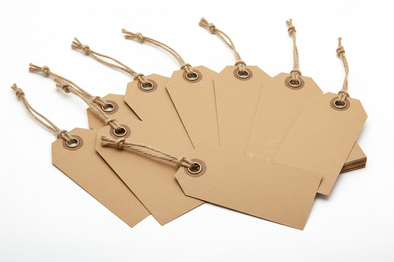 brown, plain strung tags...